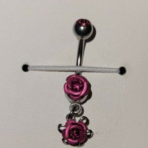 Double Metal Rose (NSQ-0292) Belly Button Navel Ring w/ Gem Ball - Pink